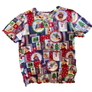 White Cross Christmas Bear Scrub Top Blue Red